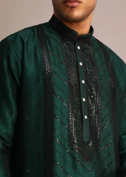 Bottle Green Silk Kurta Set With Sequin Work