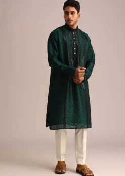 Bottle Green Silk Kurta Set With Sequin Work