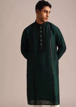 Bottle Green Silk Kurta Set With Sequin Work