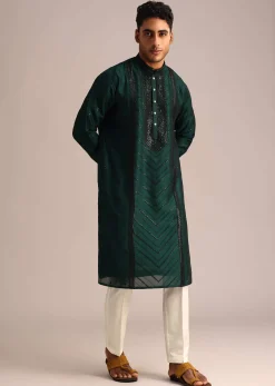 Bottle Green Silk Kurta Set With Sequin Work