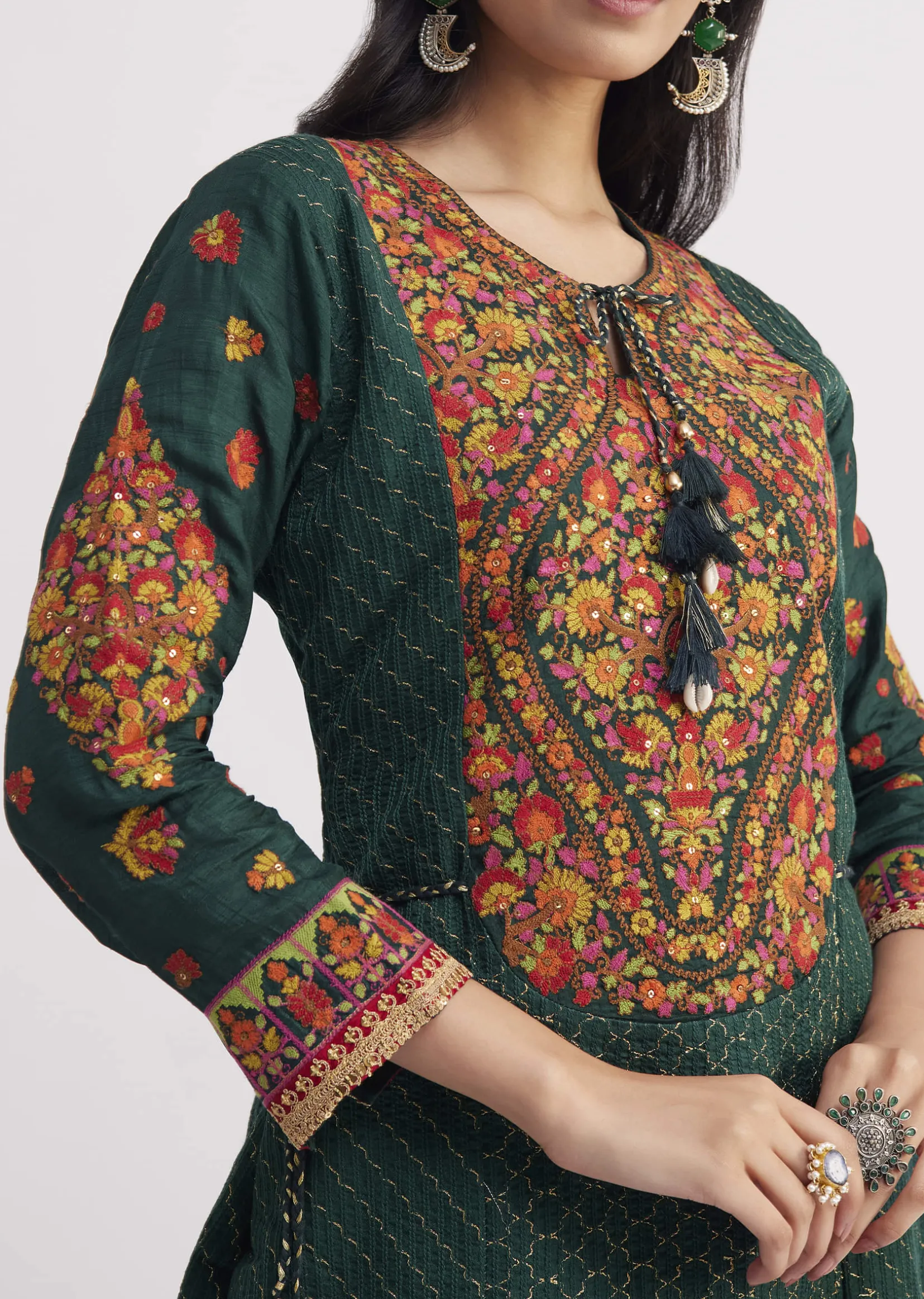 Bottle Green Silk Kurta Sharara With Chiffon Dupatta