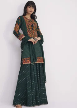Bottle Green Silk Kurta Sharara With Chiffon Dupatta