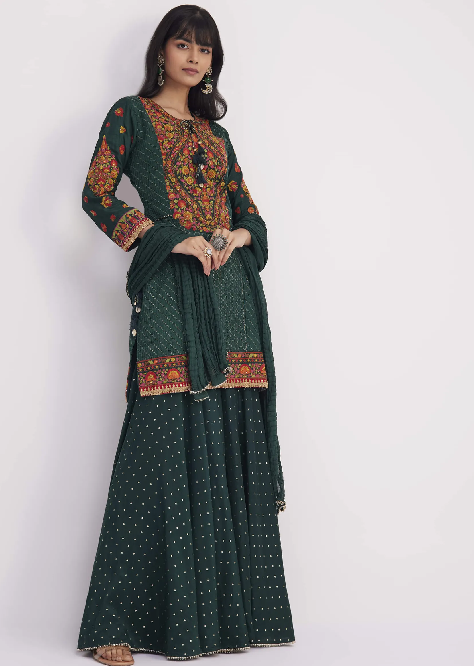 Bottle Green Silk Kurta Sharara With Chiffon Dupatta