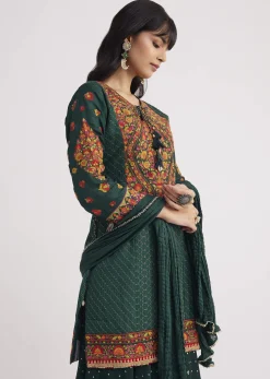 Bottle Green Silk Kurta Sharara With Chiffon Dupatta
