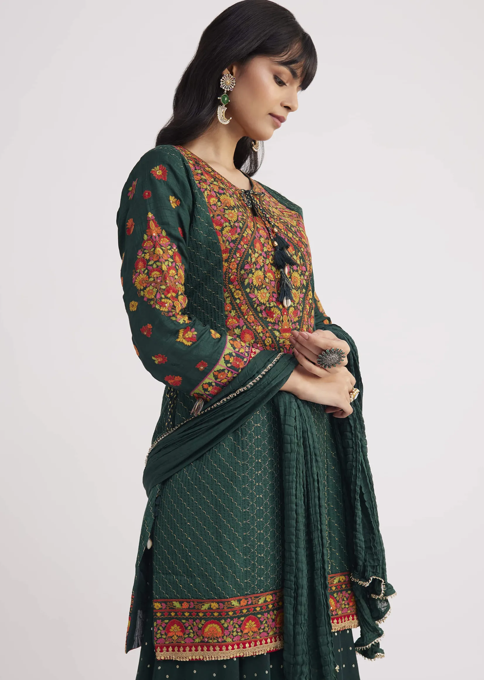 Bottle Green Silk Kurta Sharara With Chiffon Dupatta