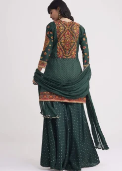 Bottle Green Silk Kurta Sharara With Chiffon Dupatta