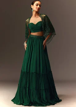 Bottle Green Tiered Lehenga With Net Cape