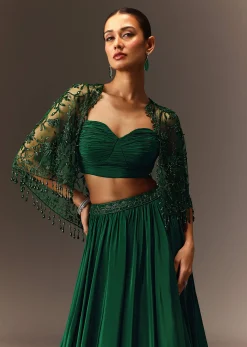 Bottle Green Tiered Lehenga With Net Cape