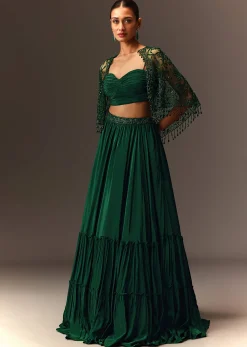 Bottle Green Tiered Lehenga With Net Cape