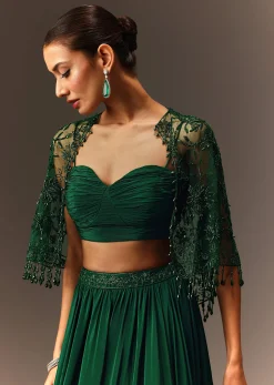 Bottle Green Tiered Lehenga With Net Cape