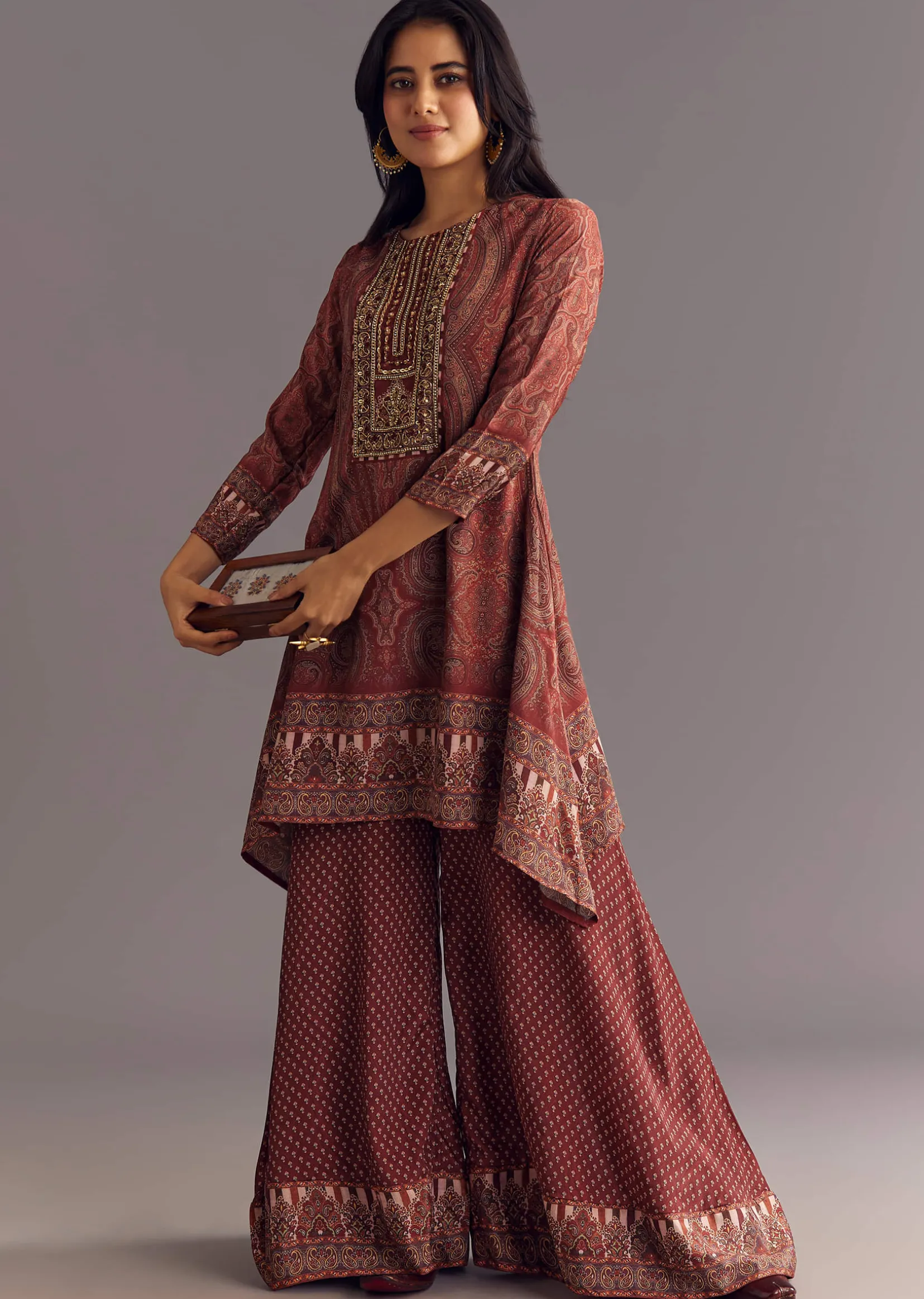 Brick Orange Satin Paisley Print Kurta Sharara Set With Cutdana Neckline