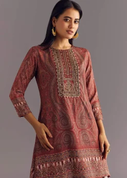 Brick Orange Satin Paisley Print Kurta Sharara Set With Cutdana Neckline
