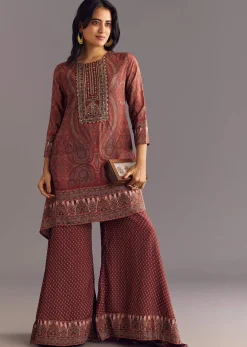 Brick Orange Satin Paisley Print Kurta Sharara Set With Cutdana Neckline
