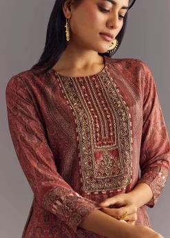 Brick Orange Satin Paisley Print Kurta Sharara Set With Cutdana Neckline