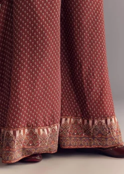 Brick Orange Satin Paisley Print Kurta Sharara Set With Cutdana Neckline