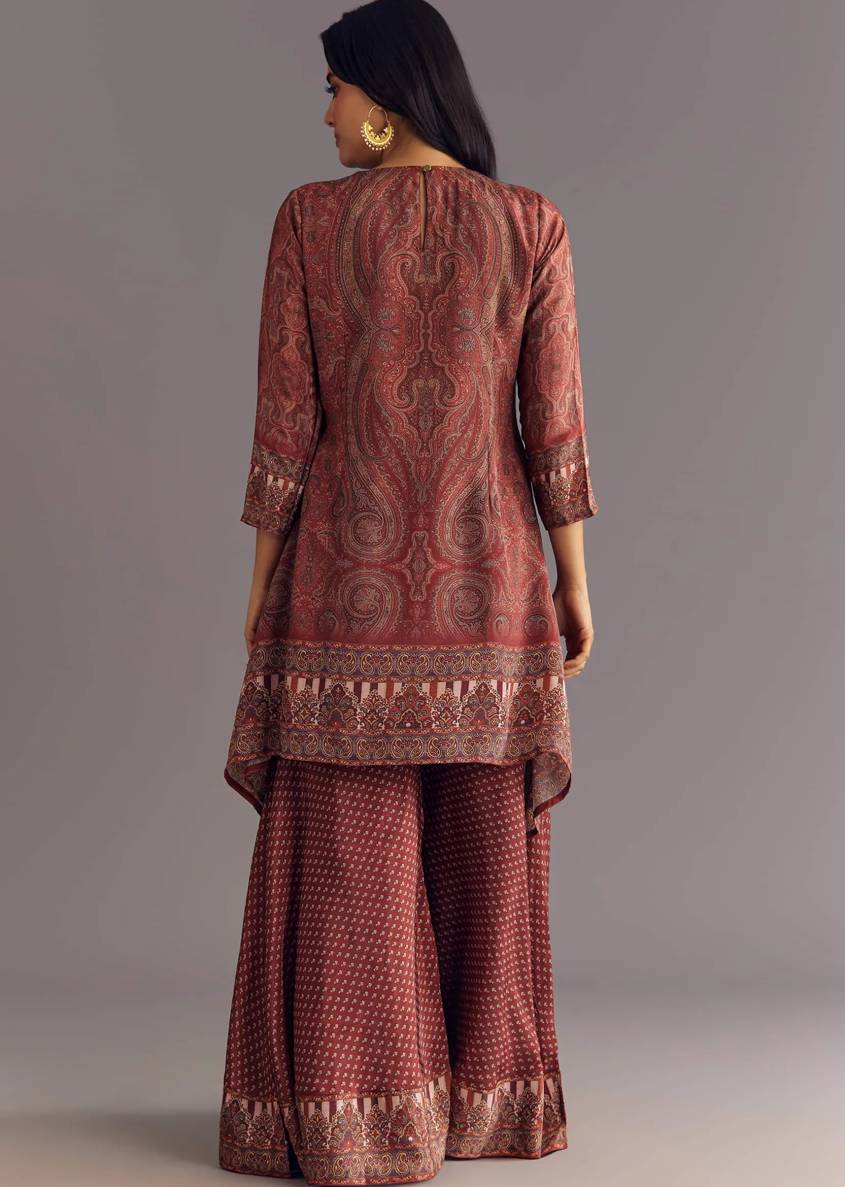 Brick Orange Satin Paisley Print Kurta Sharara Set With Cutdana Neckline