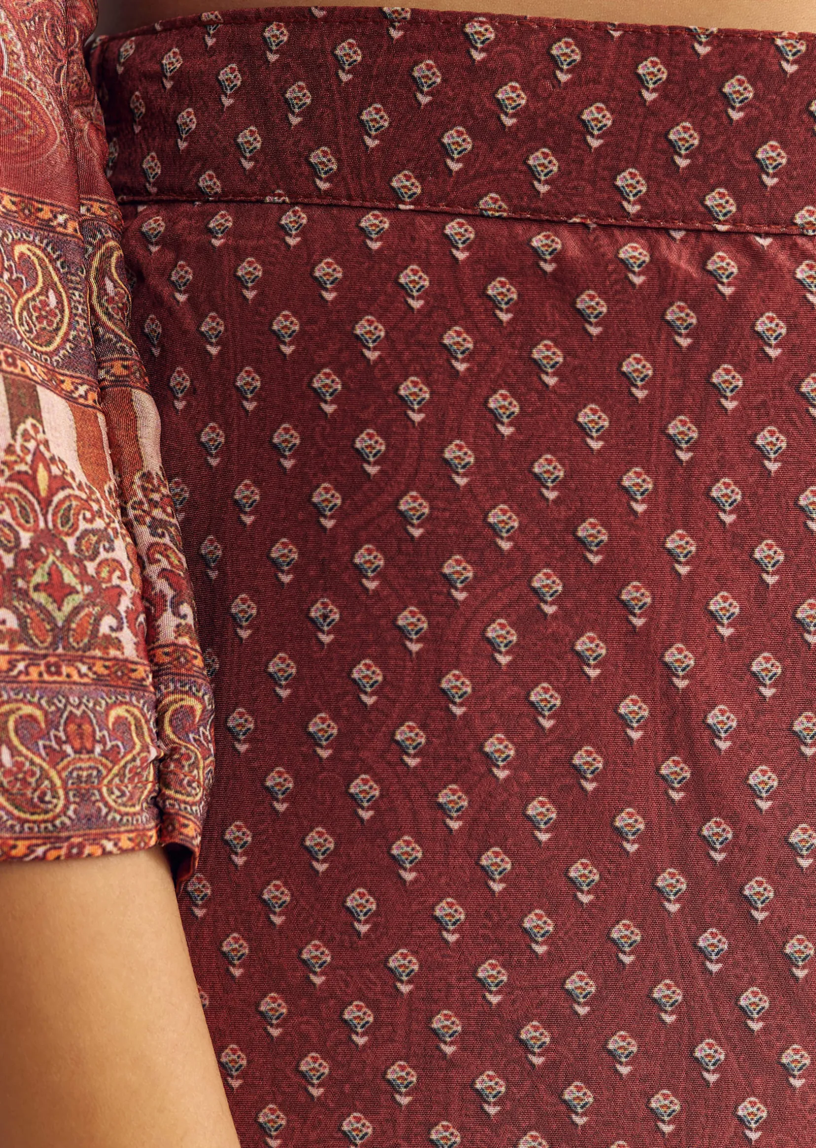Brick Orange Satin Paisley Print Kurta Sharara Set With Cutdana Neckline