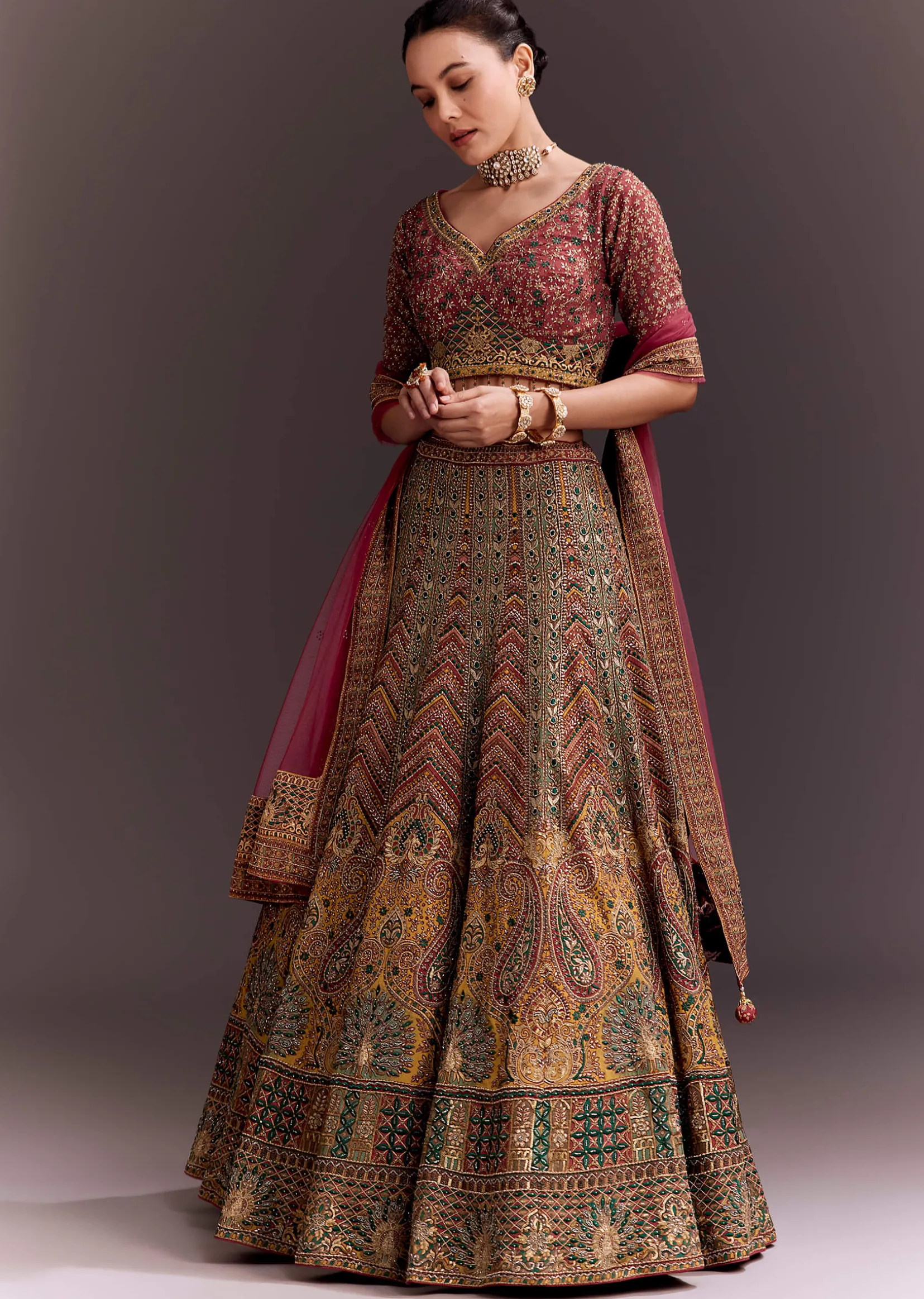 Brick Red Embroidered Lehenga Set