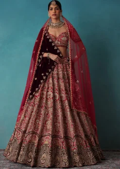 Brick Red Velvet Bridal Lehenga Set With Aari Work