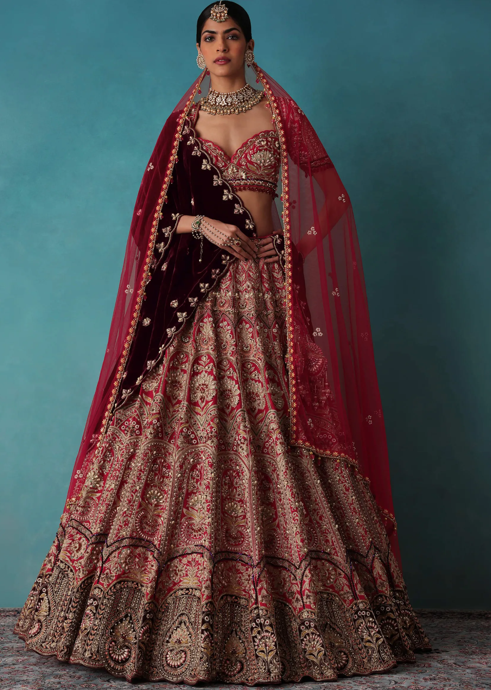 Brick Red Velvet Bridal Lehenga Set With Aari Work