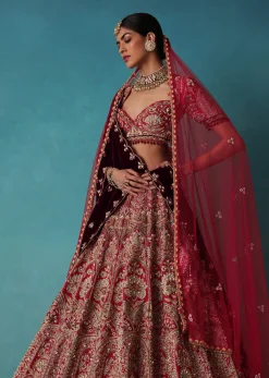 Brick Red Velvet Bridal Lehenga Set With Aari Work