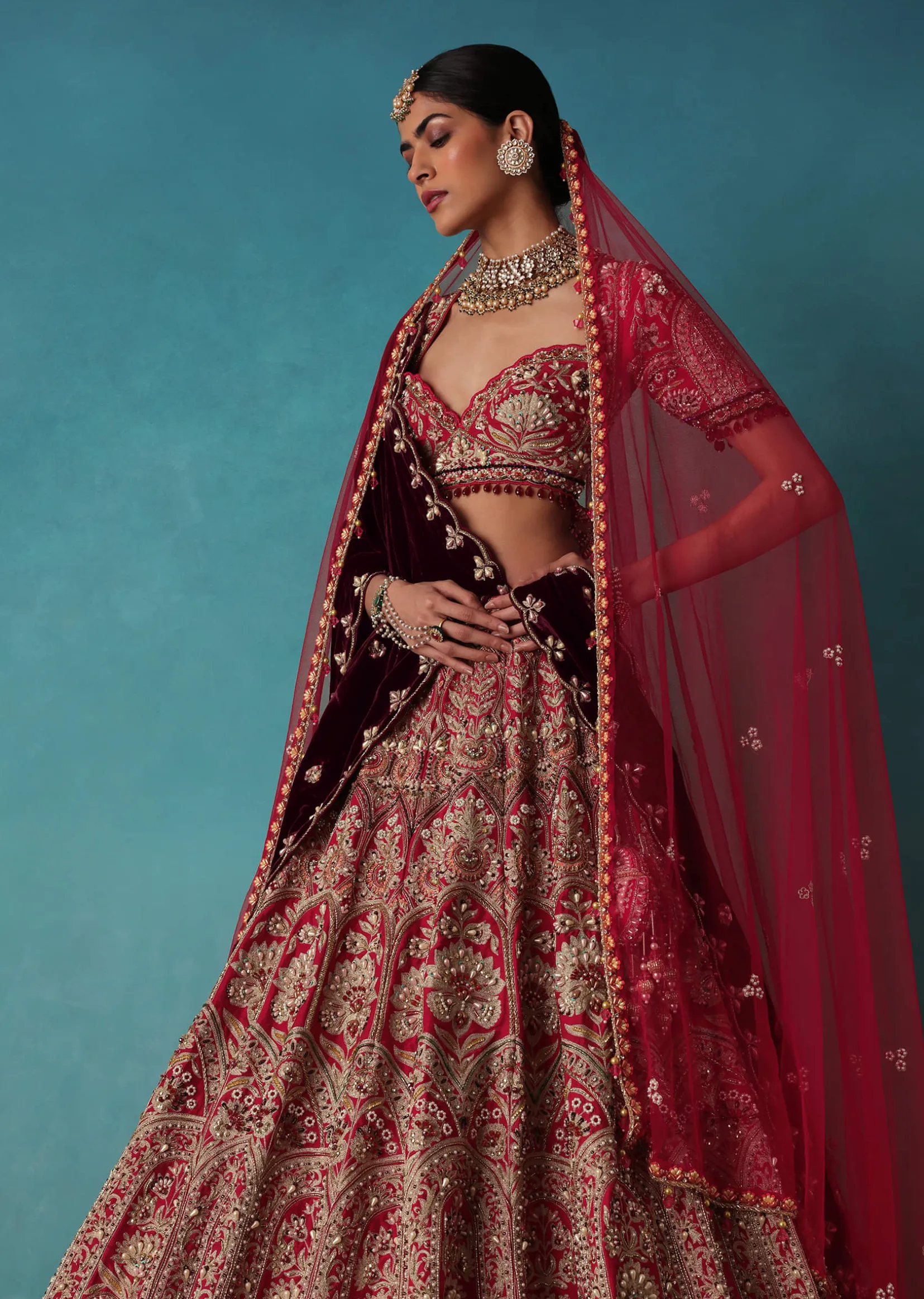 Brick Red Velvet Bridal Lehenga Set With Aari Work