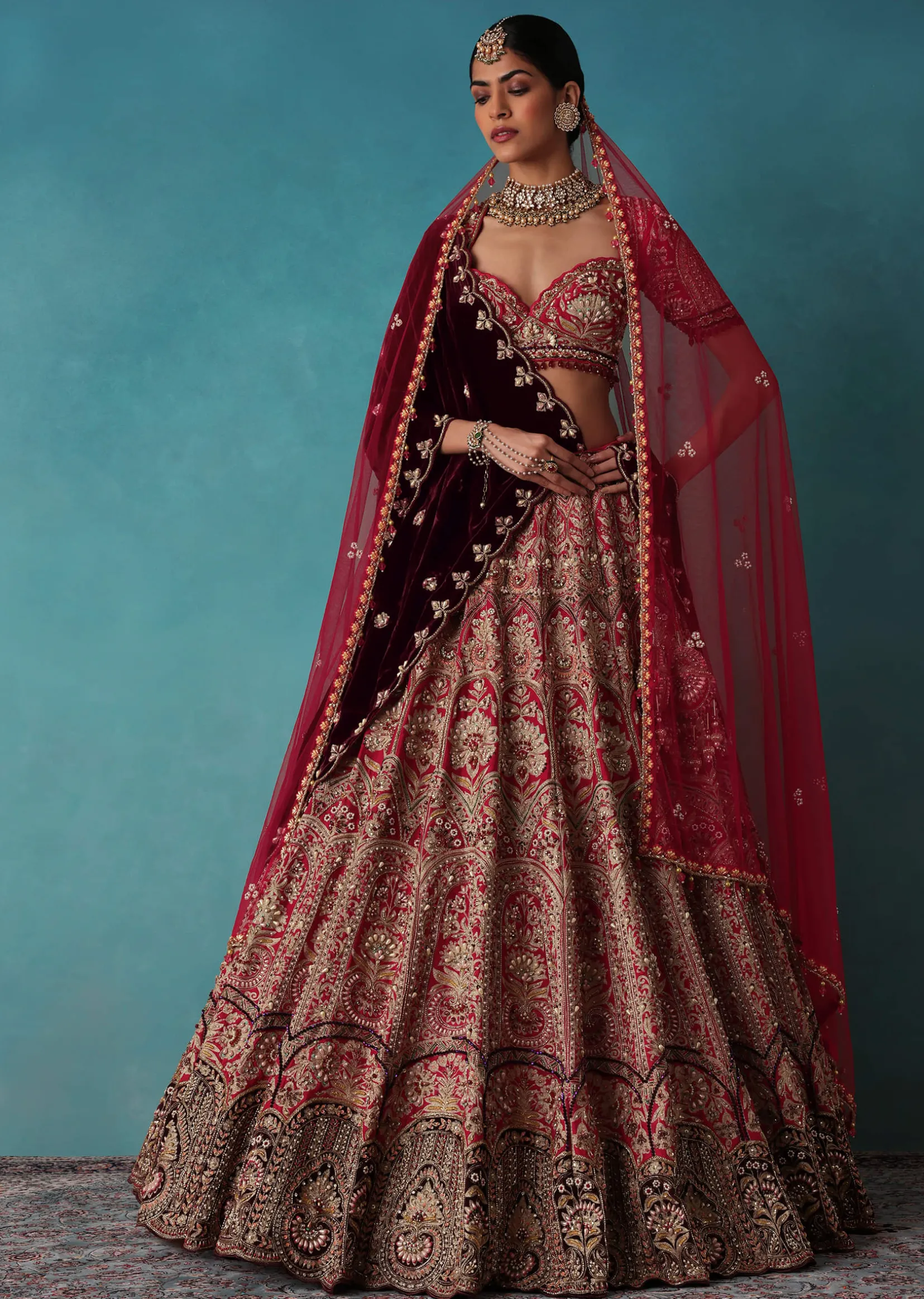 Brick Red Velvet Bridal Lehenga Set With Aari Work