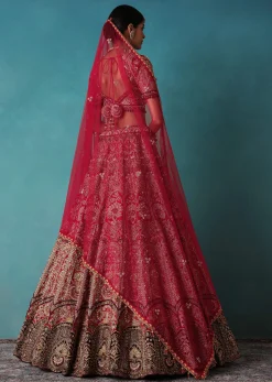 Brick Red Velvet Bridal Lehenga Set With Aari Work