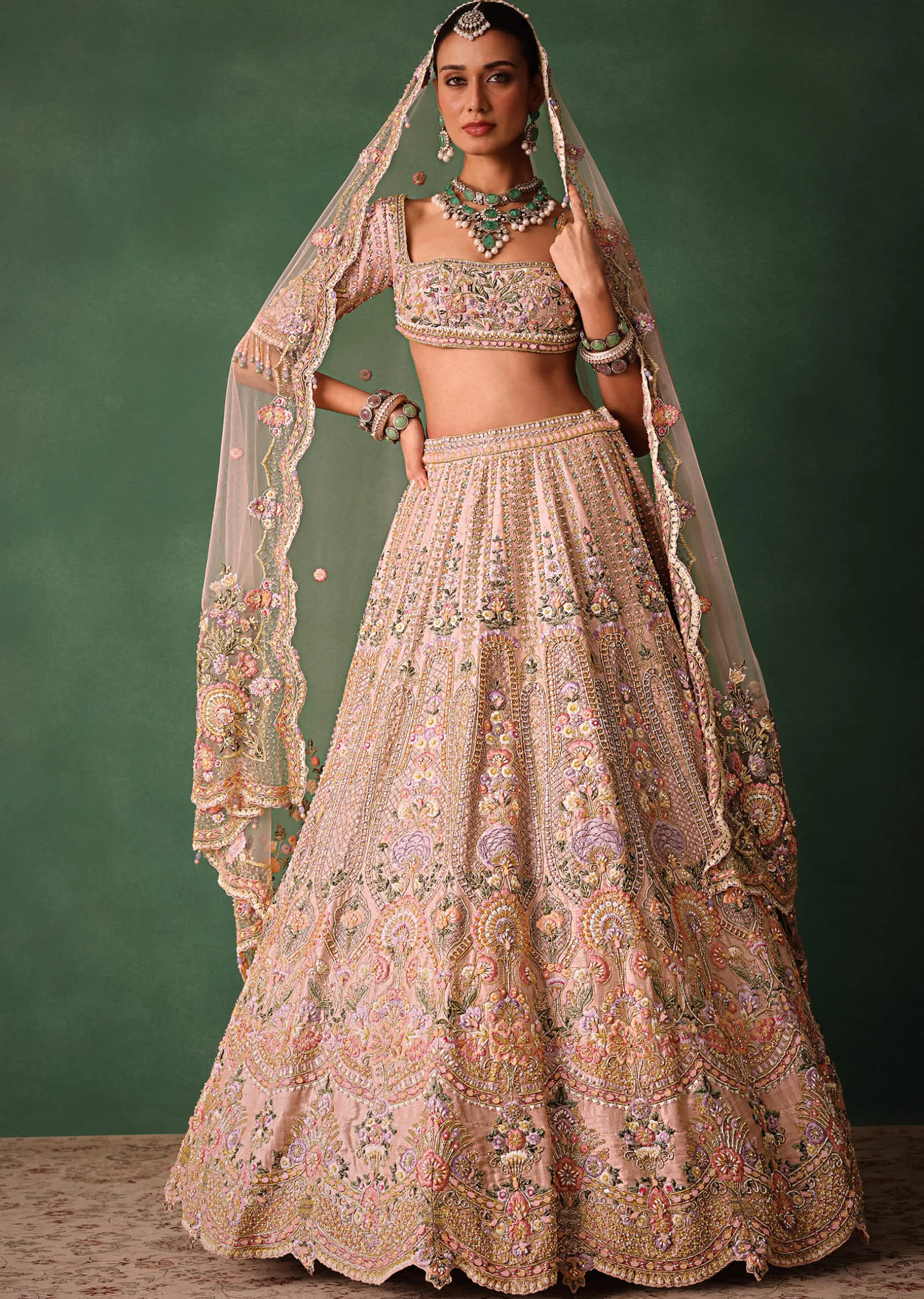 Bridal Pink Lehenga With Floral Embroidered Blouse And Scallop Dupatta