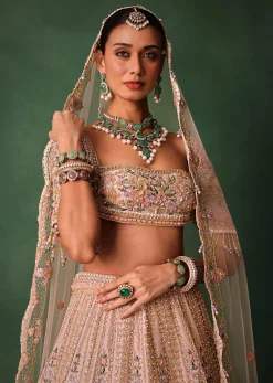 Bridal Pink Lehenga With Floral Embroidered Blouse And Scallop Dupatta
