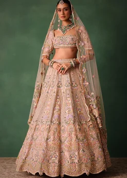Bridal Pink Lehenga With Floral Embroidered Blouse And Scallop Dupatta