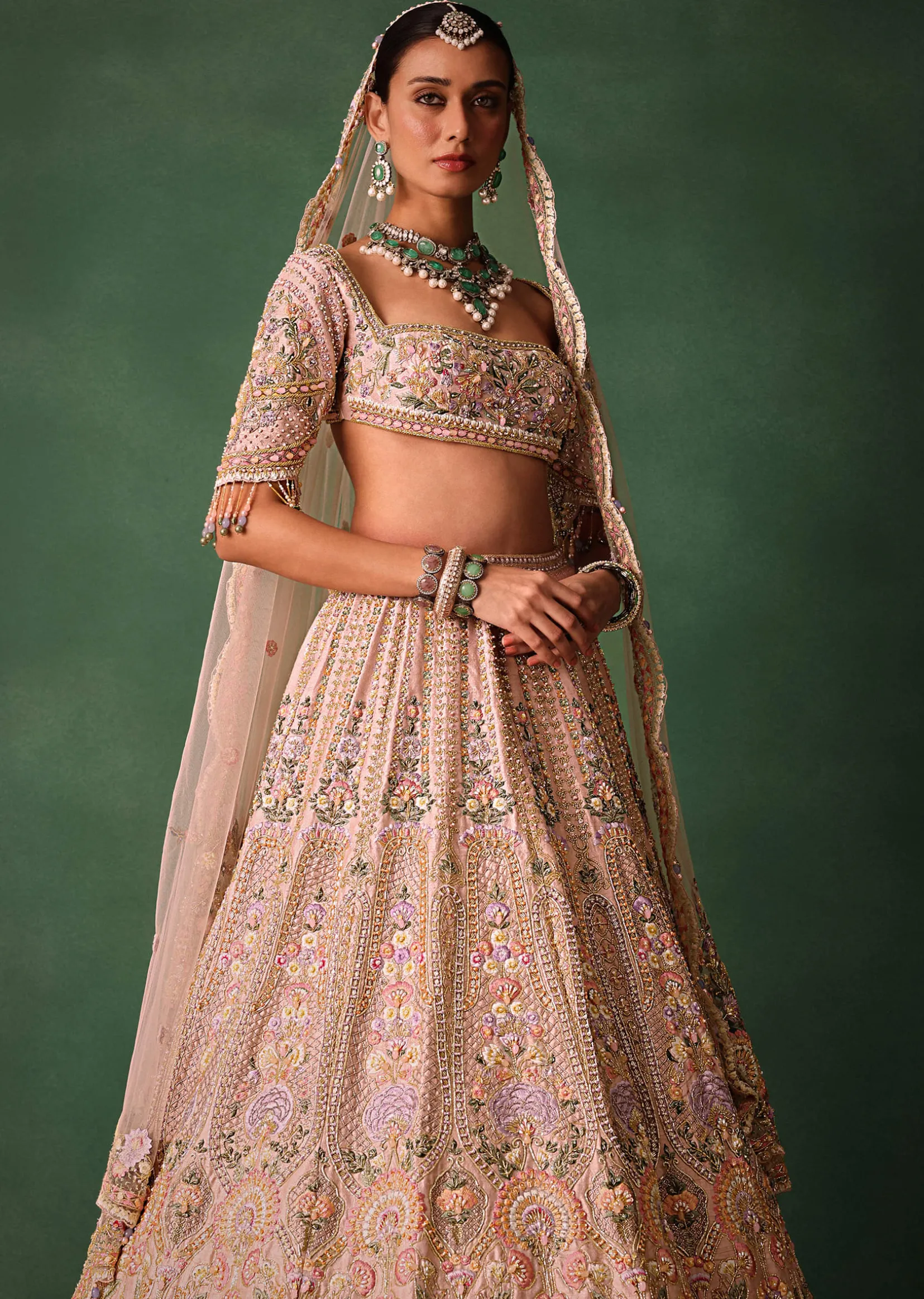 Bridal Pink Lehenga With Floral Embroidered Blouse And Scallop Dupatta