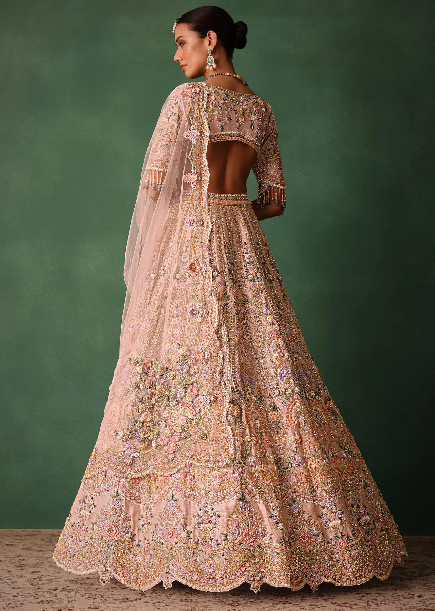 Bridal Pink Lehenga With Floral Embroidered Blouse And Scallop Dupatta