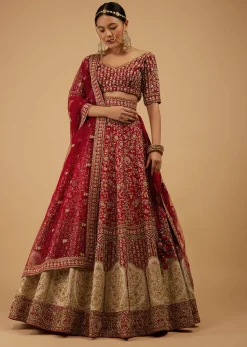 Bride And Baraat Apple Red Fully Embroidered Lavish Lehenga Choli With Belt