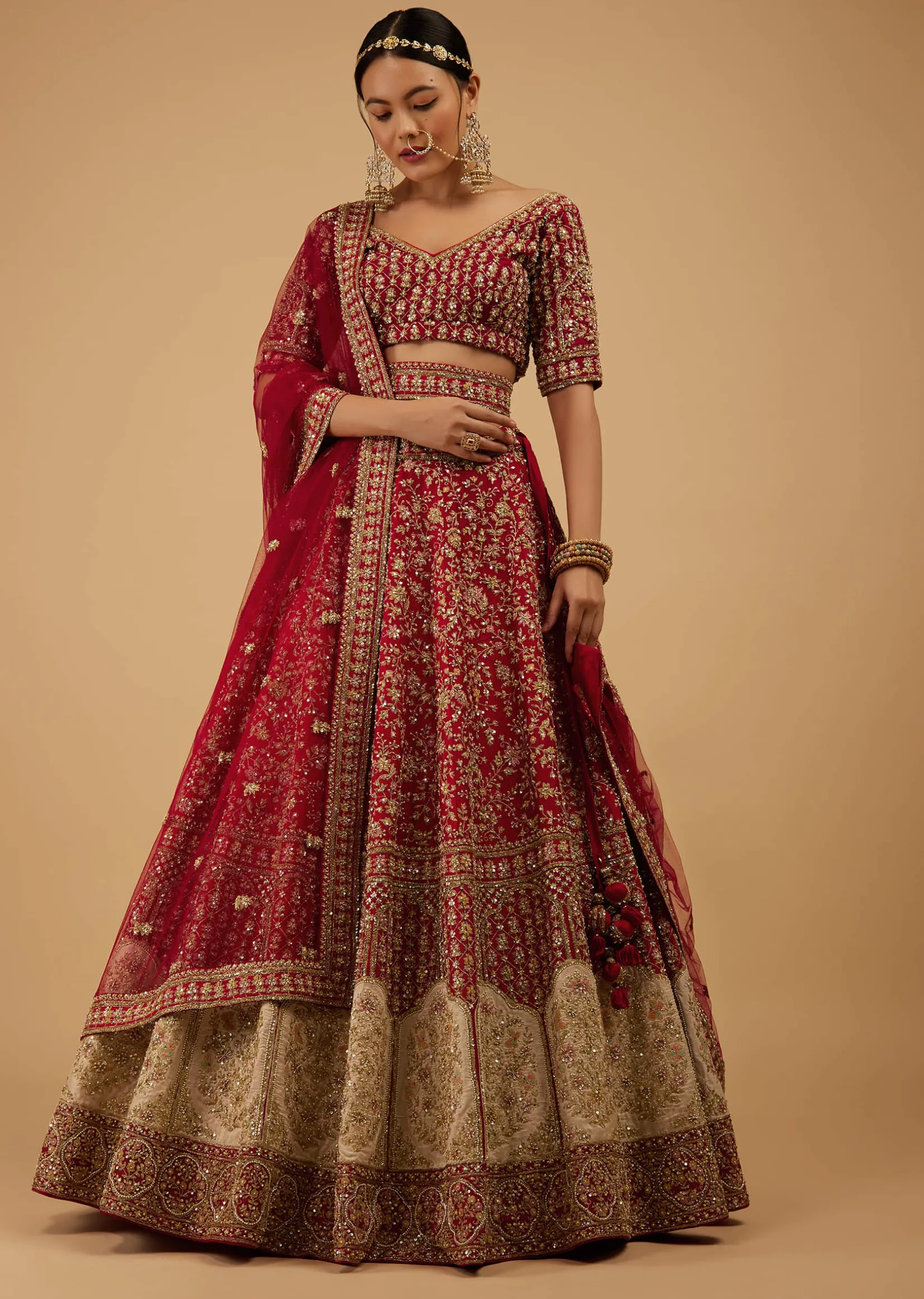 Bride And Baraat Apple Red Fully Embroidered Lavish Lehenga Choli With Belt