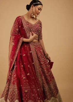 Bride And Baraat Apple Red Fully Embroidered Lavish Lehenga Choli With Belt