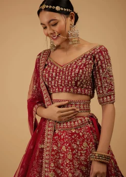 Bride And Baraat Apple Red Fully Embroidered Lavish Lehenga Choli With Belt