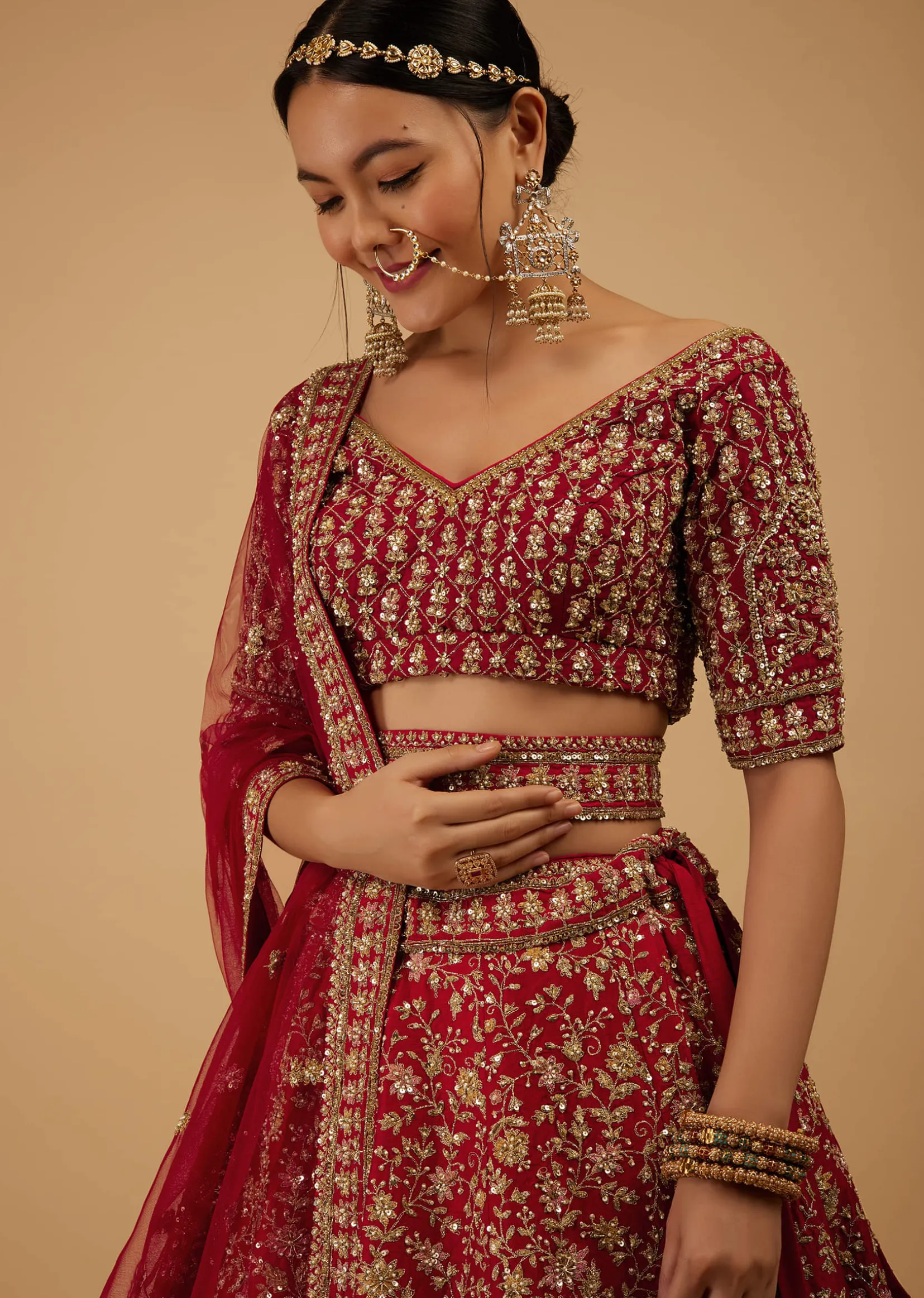 Bride And Baraat Apple Red Fully Embroidered Lavish Lehenga Choli With Belt