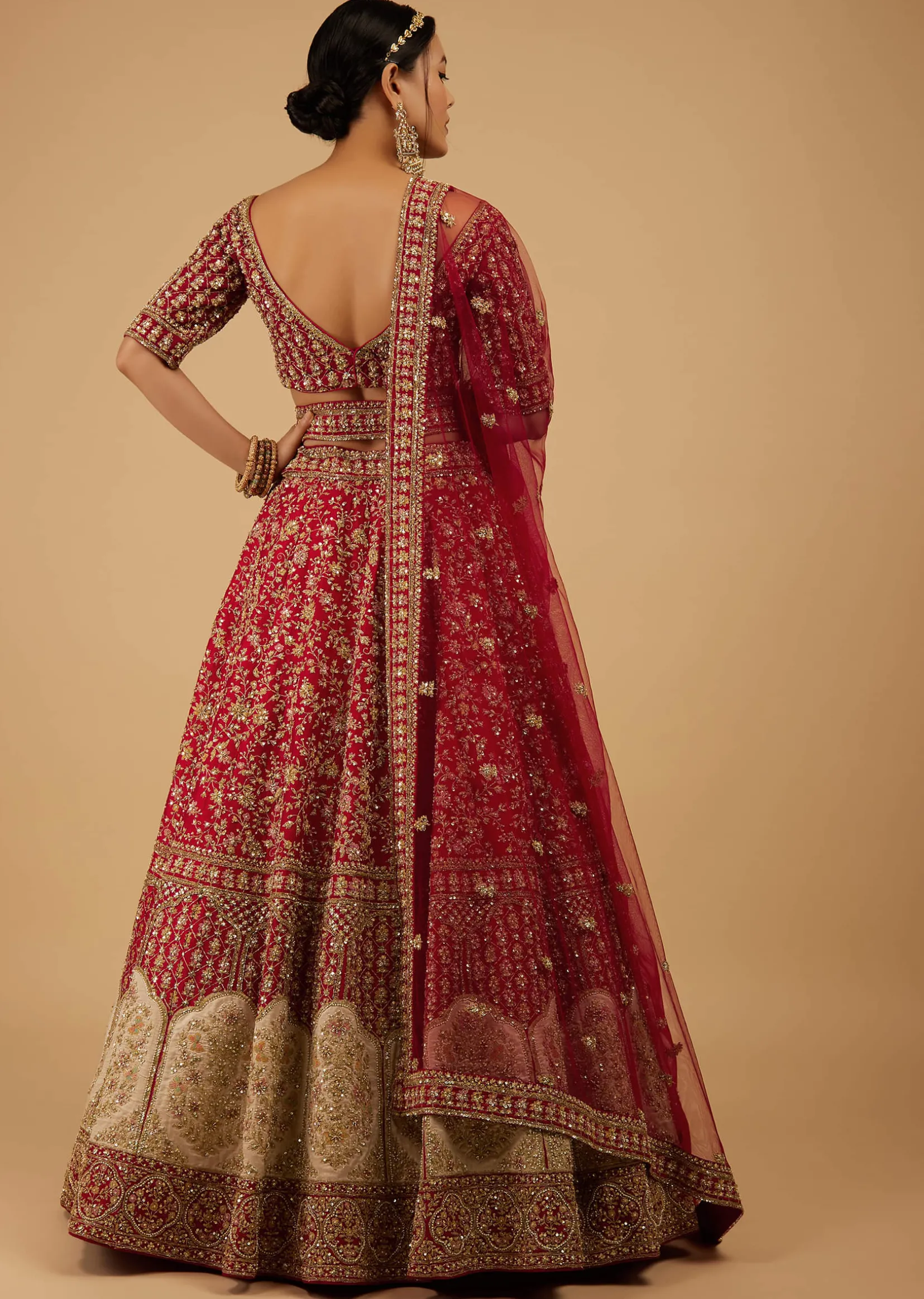 Bride And Baraat Apple Red Fully Embroidered Lavish Lehenga Choli With Belt