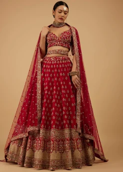 Bride And Baraat Cherry Red Fully Embroidered Lavish Lehenga Choli With Belt