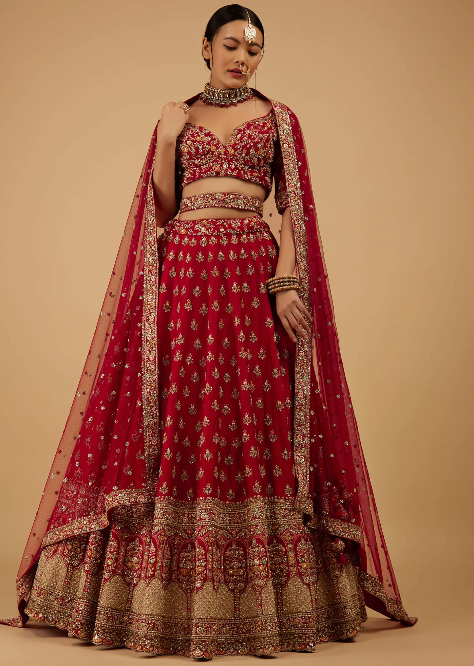 Bride And Baraat Cherry Red Fully Embroidered Lavish Lehenga Choli With Belt