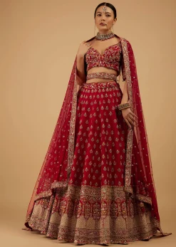 Bride And Baraat Cherry Red Fully Embroidered Lavish Lehenga Choli With Belt