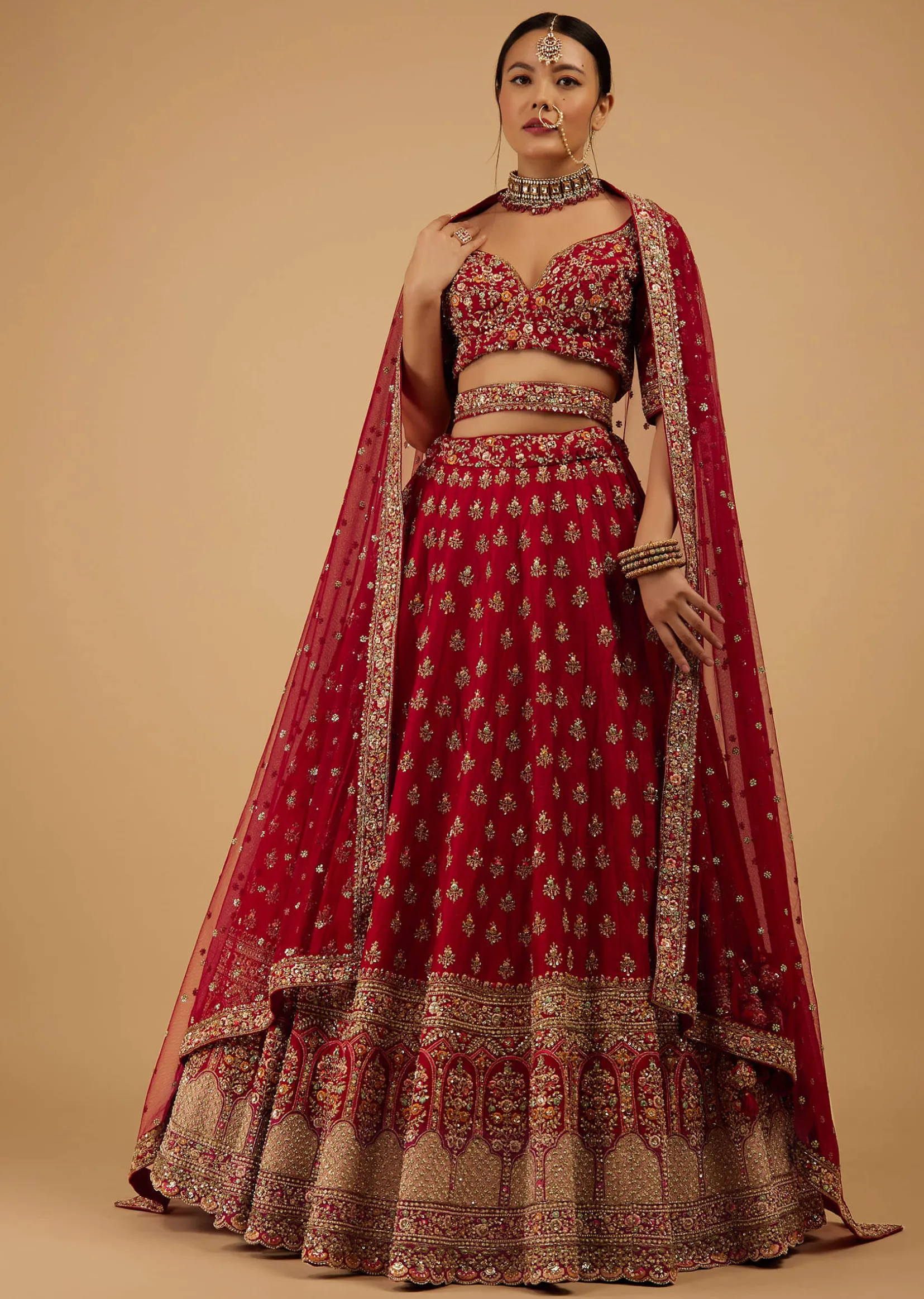 Bride And Baraat Cherry Red Fully Embroidered Lavish Lehenga Choli With Belt