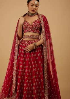 Bride And Baraat Cherry Red Fully Embroidered Lavish Lehenga Choli With Belt
