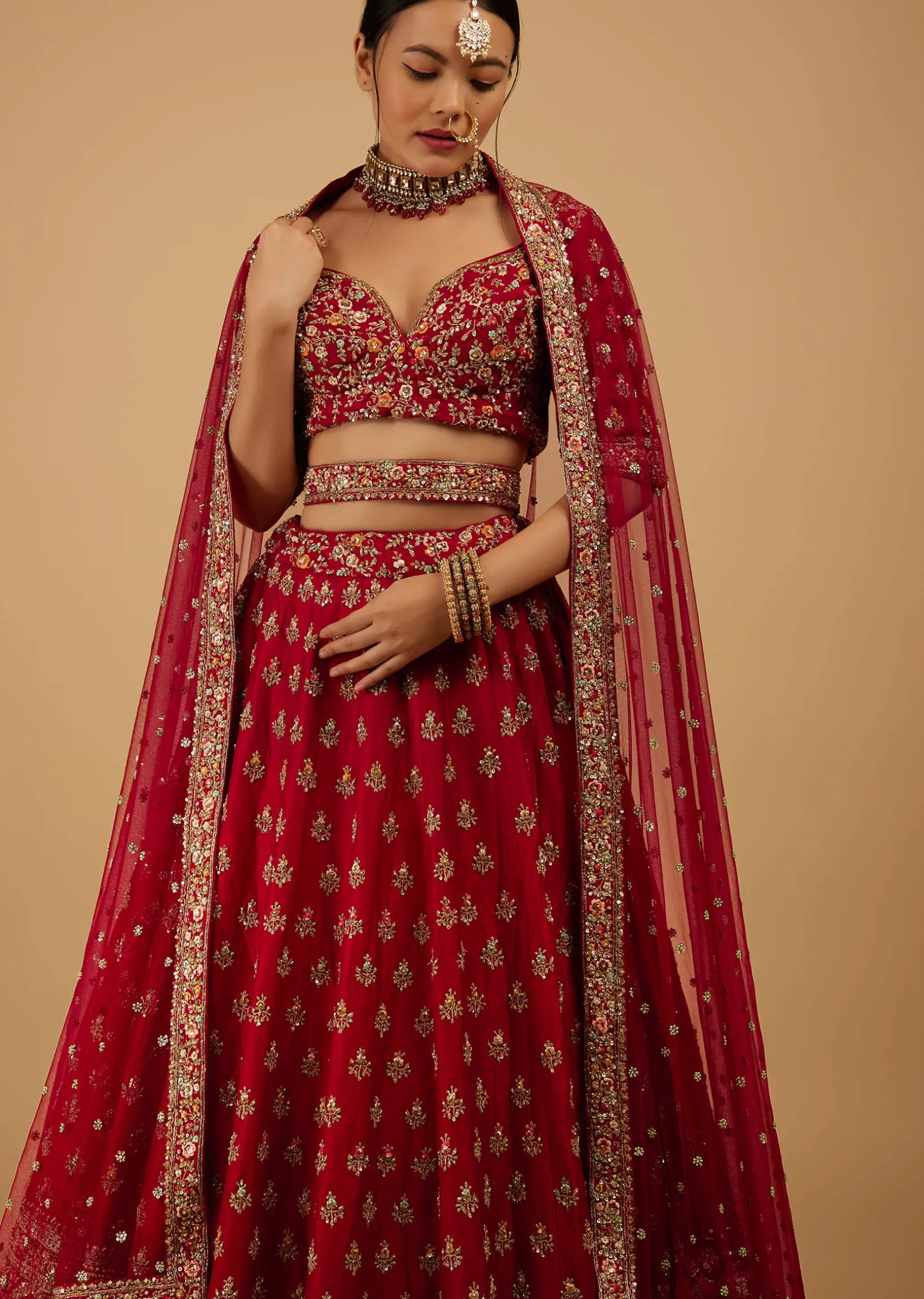 Bride And Baraat Cherry Red Fully Embroidered Lavish Lehenga Choli With Belt