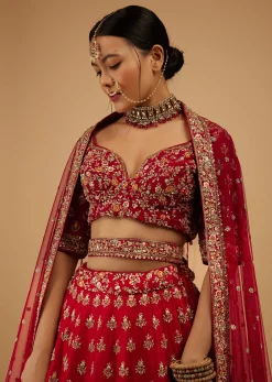 Bride And Baraat Cherry Red Fully Embroidered Lavish Lehenga Choli With Belt