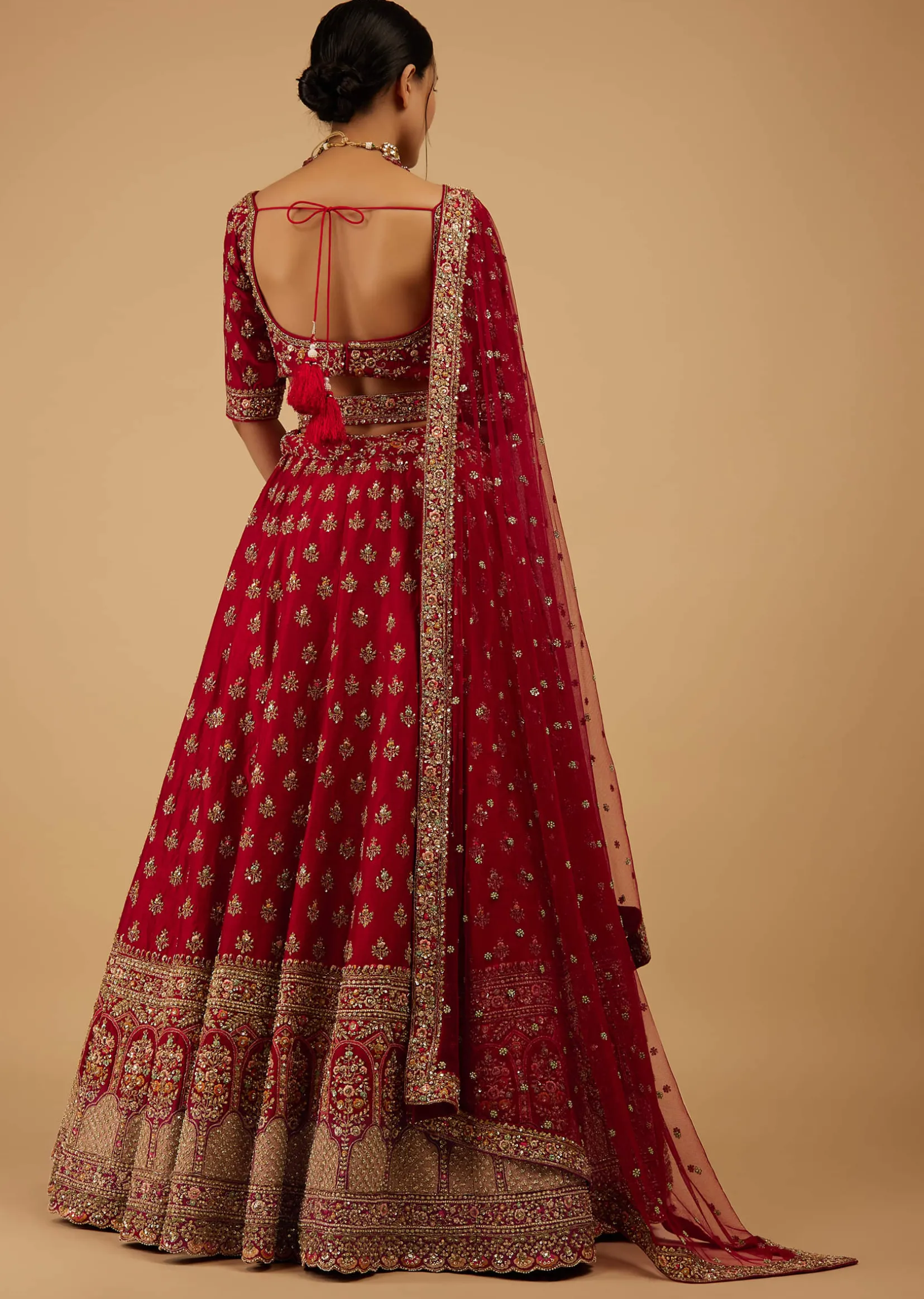 Bride And Baraat Cherry Red Fully Embroidered Lavish Lehenga Choli With Belt