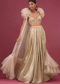 Bridesmaid Champagne Brown Palazzo Set With Ruffle Shrug And Embroidery