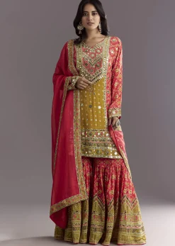 Bright Coral Pink Printed Leather Patch Kurta Sharara With Organza Dupatta