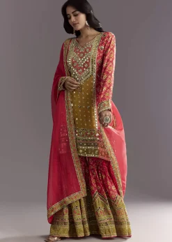 Bright Coral Pink Printed Leather Patch Kurta Sharara With Organza Dupatta